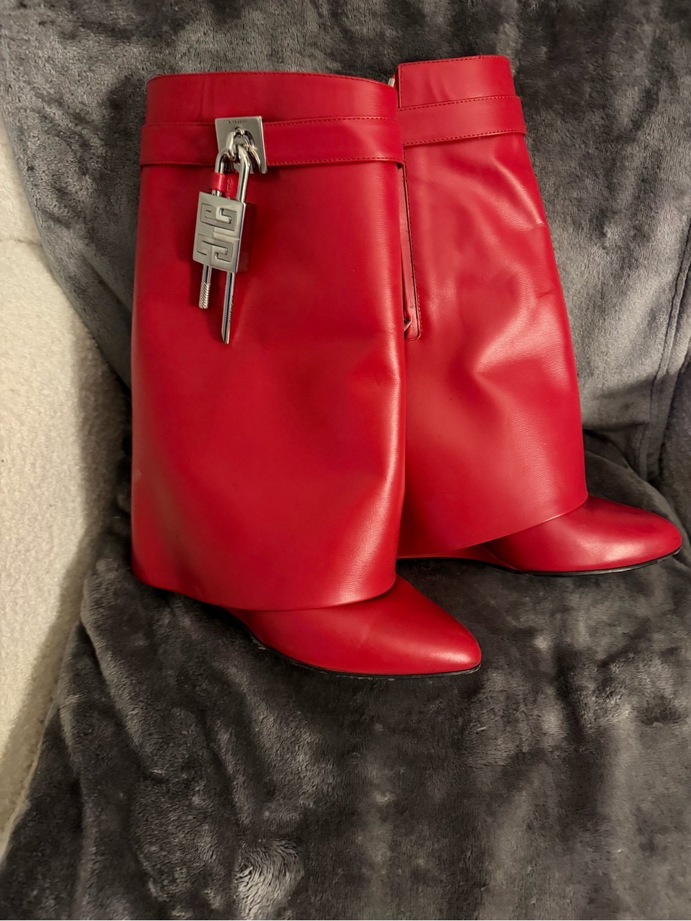 Givenchy Red Leather Ankle Boots with Silver Lock Detail
